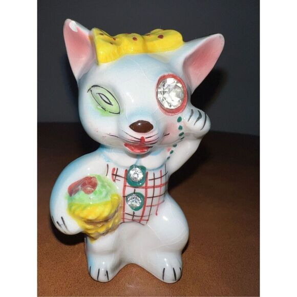 LEFTON Salt Pepper Shaker Set Jeweled Cats-Vintage Japan MCM Ceramic Matching - Picture 2 of 9